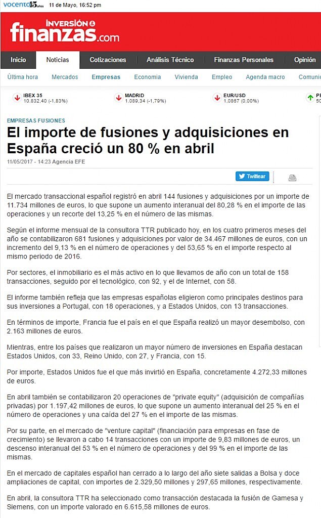 El importe de fusiones y adquisiciones en Espaa creci un 80 % en abril